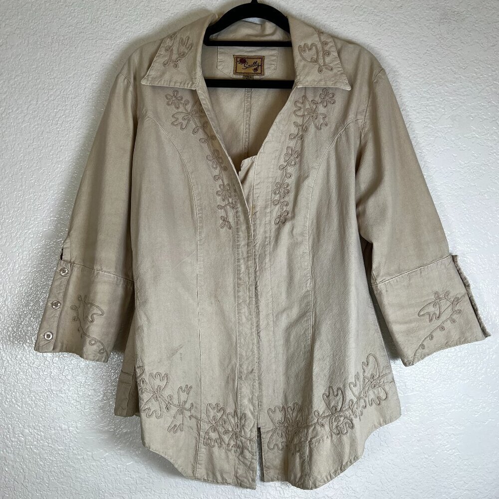 Scully Womens Beige Western Rodeo Fitted Long‎ Sleeve Shirt Embroidered Size M